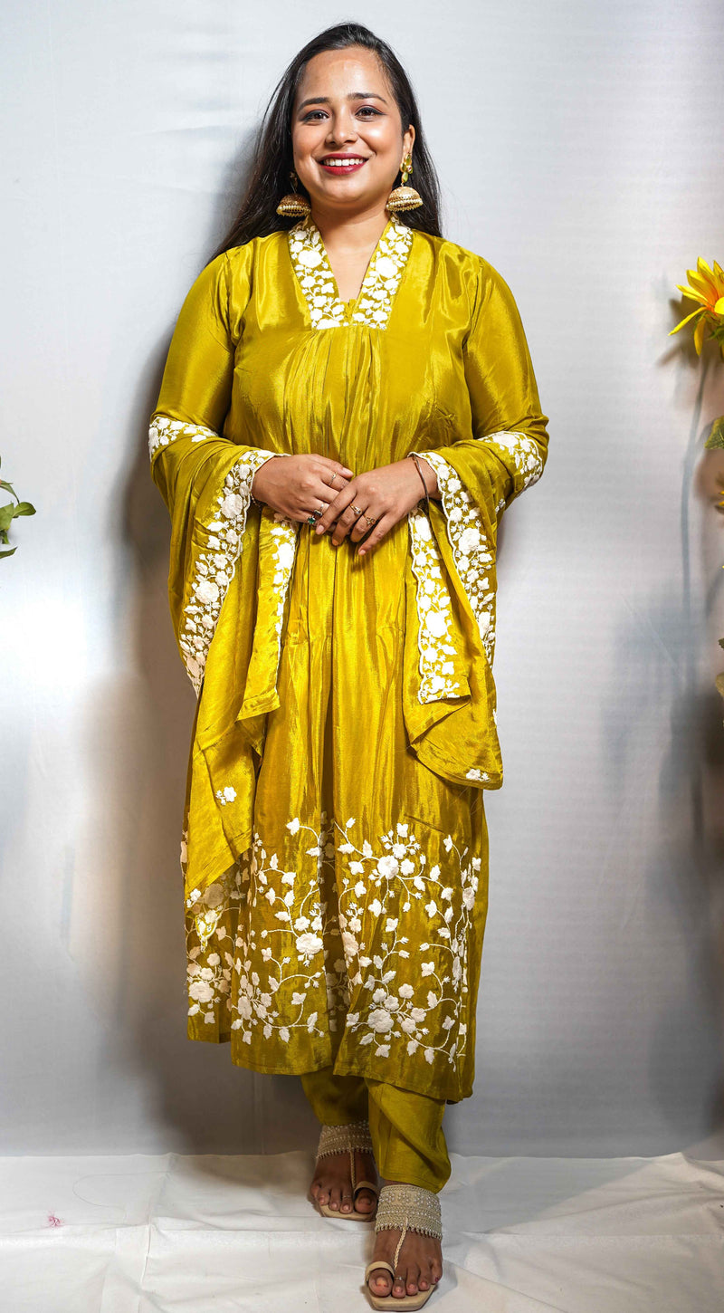Mehendi Green Floral Embroidered Anarkali Kurta Set