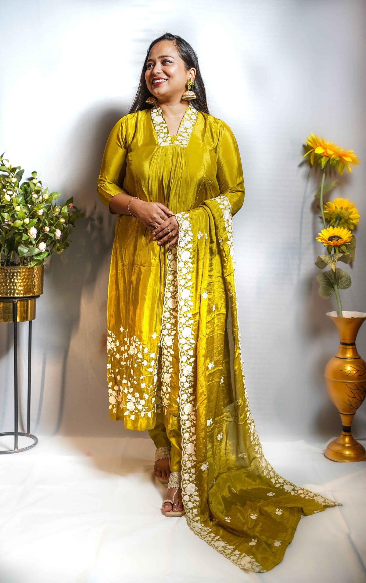 Mehendi Green Floral Embroidered Anarkali Kurta Set