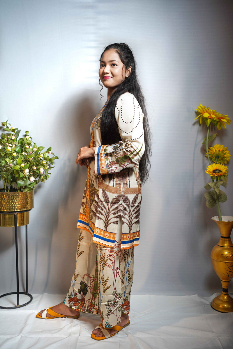 Ivory Botanical Print Crepe Silk Kurti Set (2-Piece)