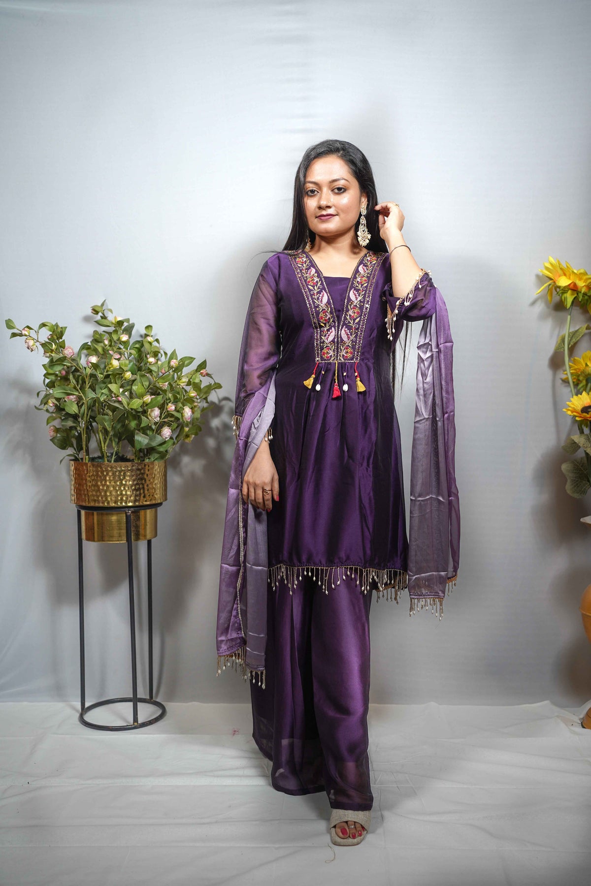 Purple Embroidered Anarkali Set with Tasseled Dupatta 3- piece