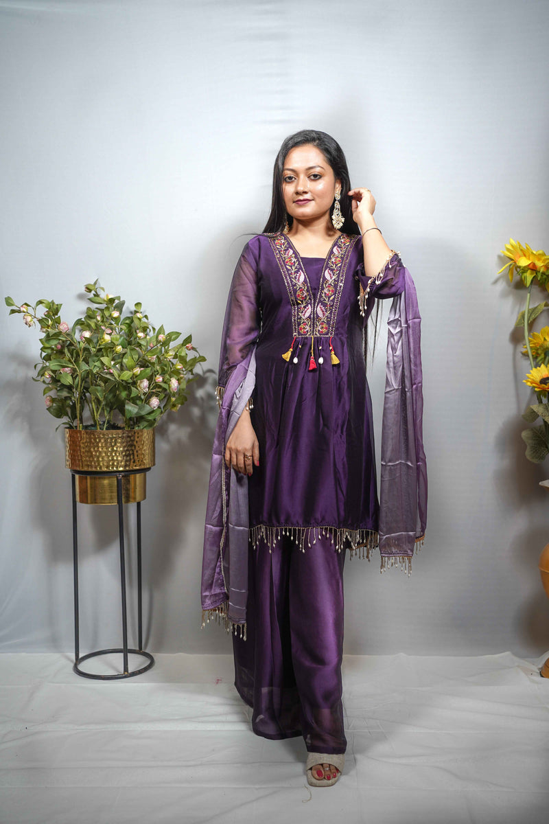Purple Embroidered Anarkali Set with Tasseled Dupatta 3- piece