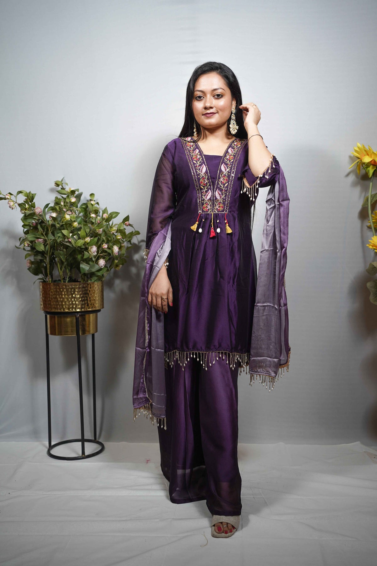 Purple Embroidered Anarkali Set with Tasseled Dupatta 3- piece