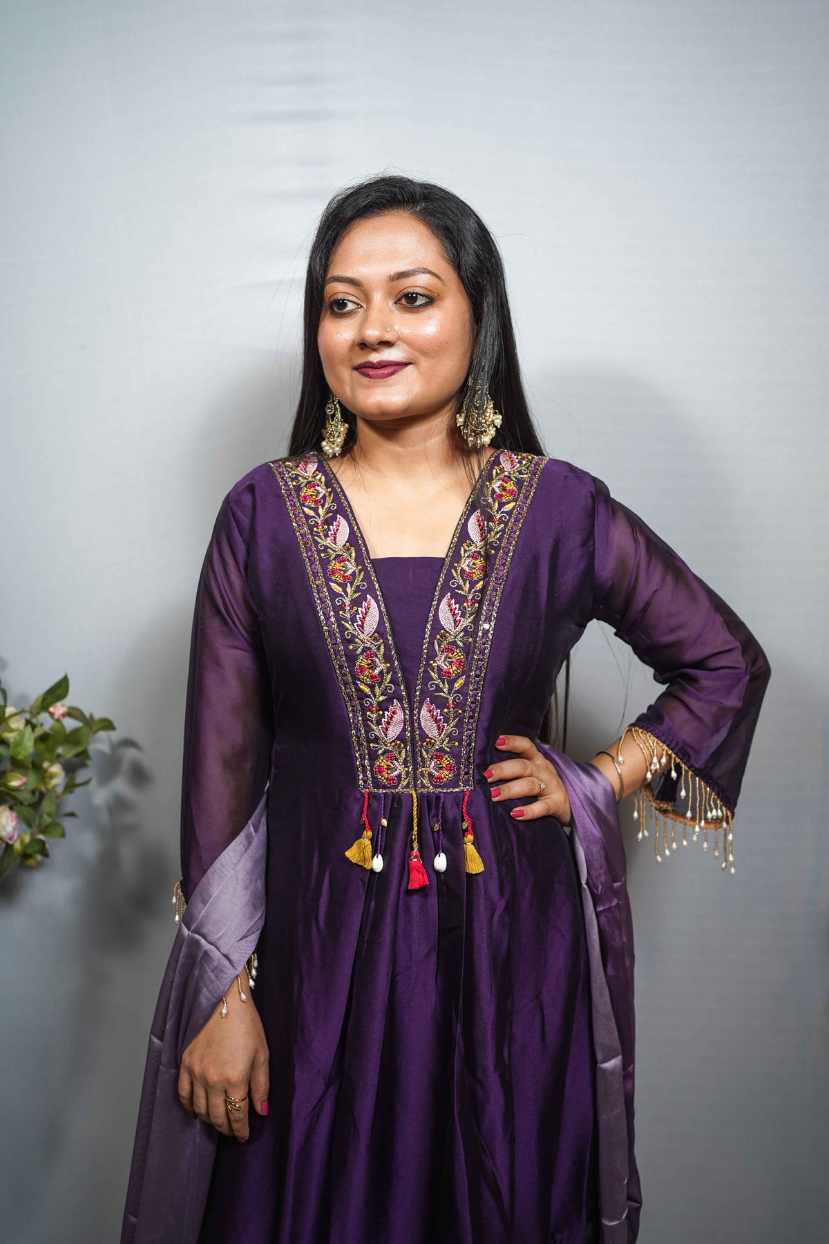 Purple Embroidered Anarkali Set with Tasseled Dupatta 3- piece