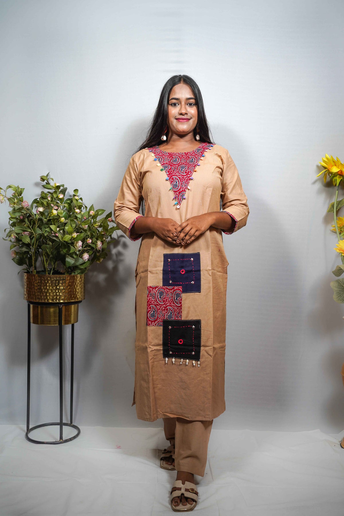 Beige Khadi Cotton Kurti Set with Patchwork