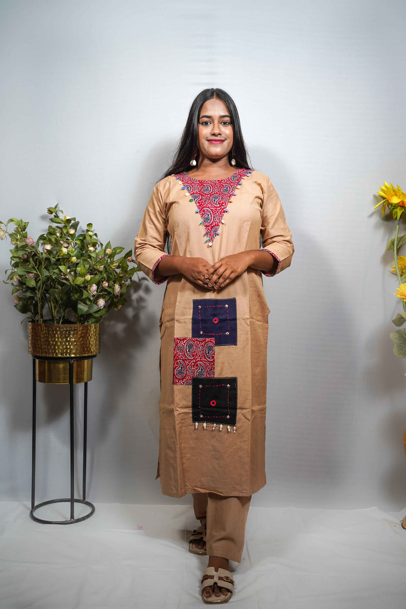 Beige Khadi Cotton Kurti Set with Patchwork