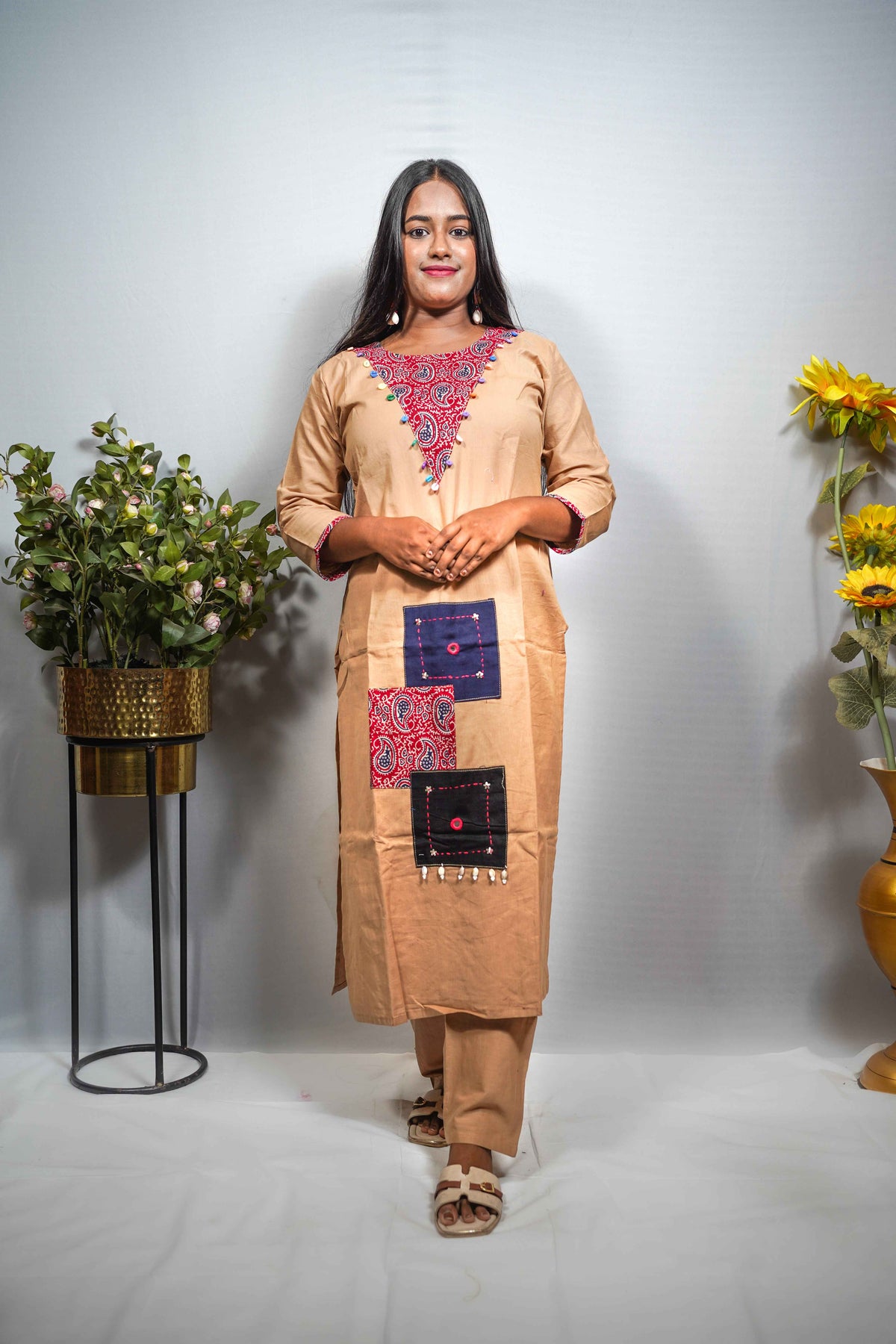 Beige Khadi Cotton Kurti Set with Patchwork