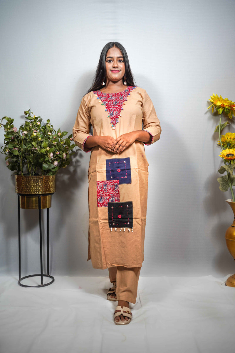Beige Khadi Cotton Kurti Set with Patchwork
