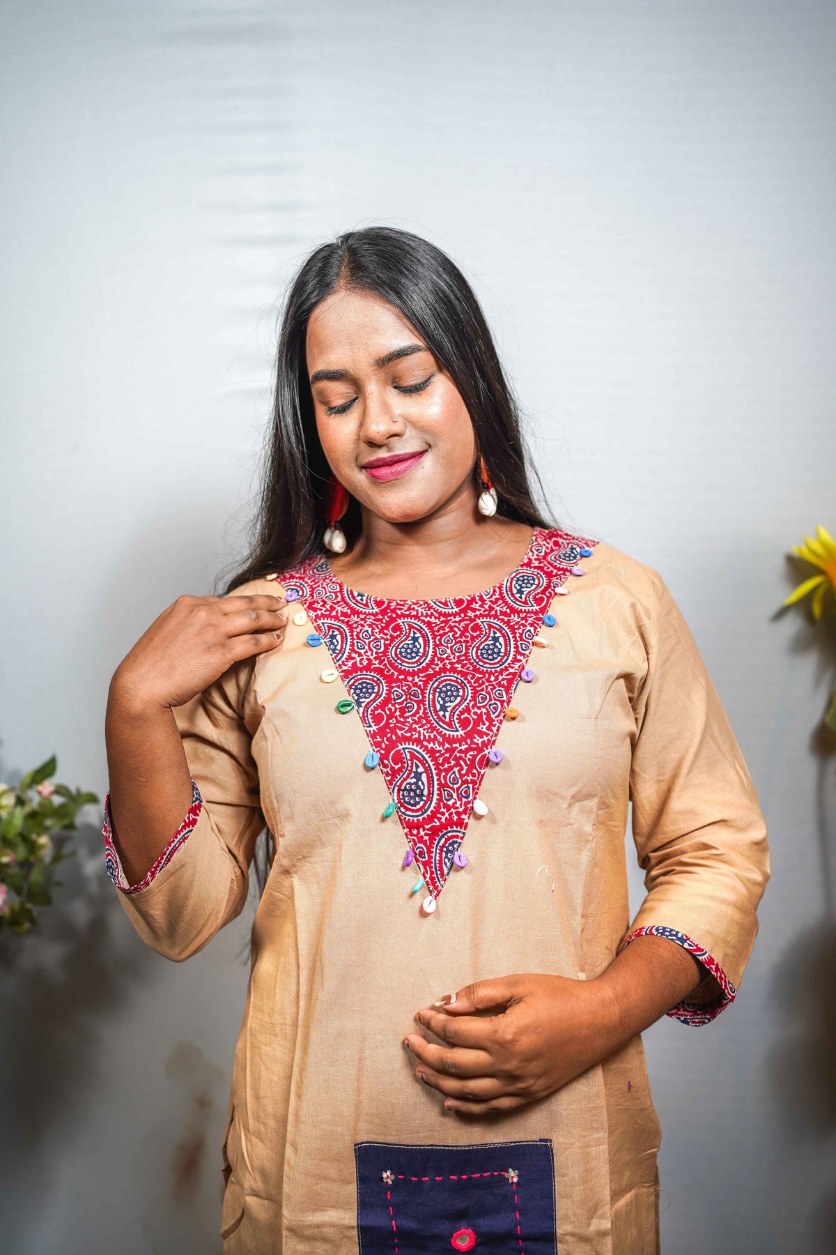 Beige Khadi Cotton Kurti Set with Patchwork