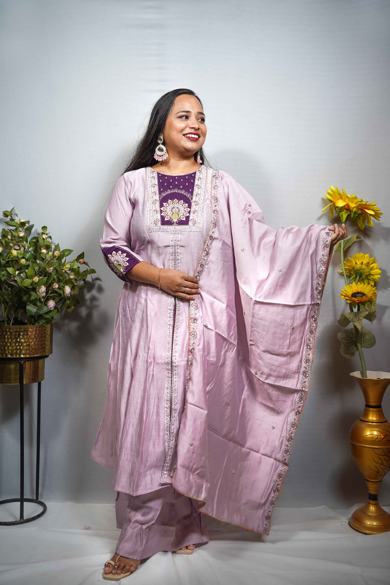 Lilac Peacock Embroidered Anarkali Set