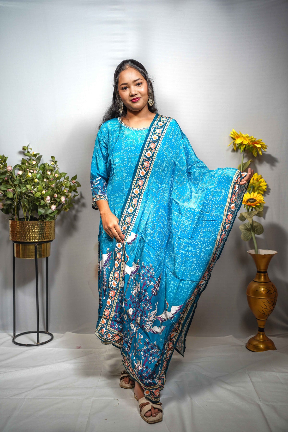 Bandhani Print Kurti Set with Crane Border Dupatta