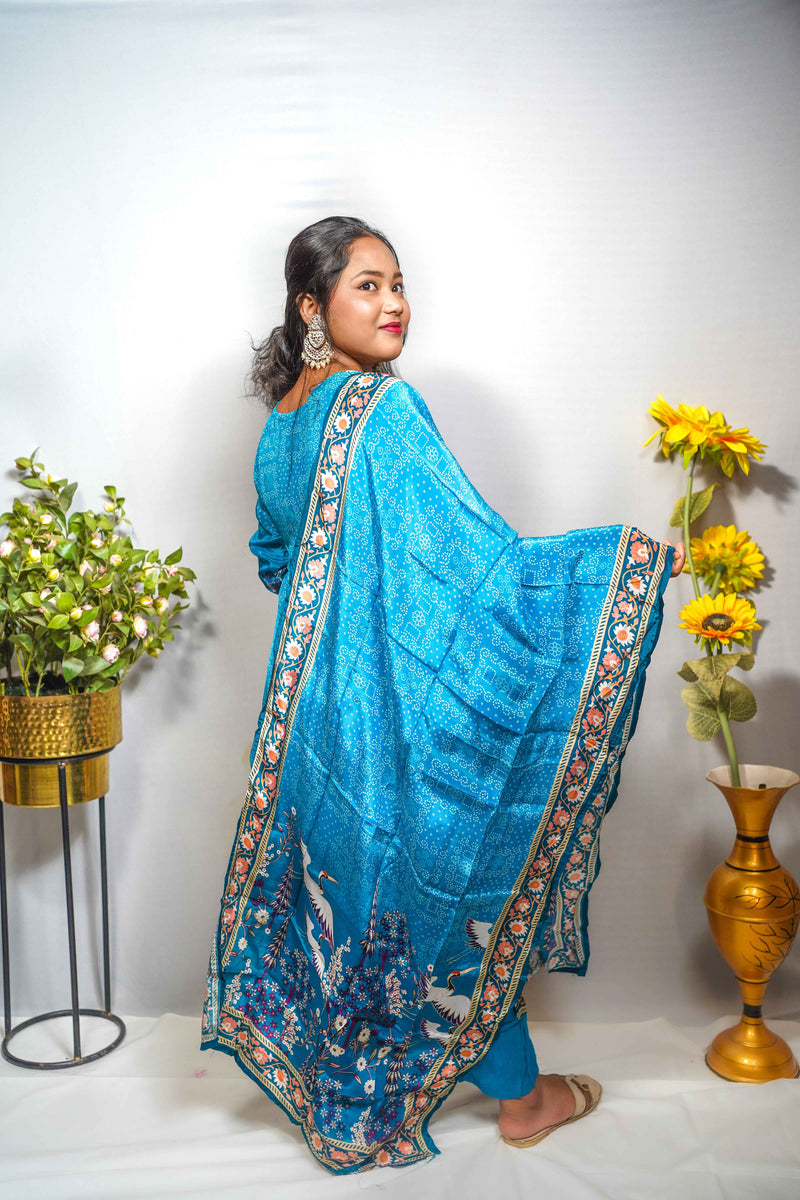 Bandhani Print Kurti Set with Crane Border Dupatta