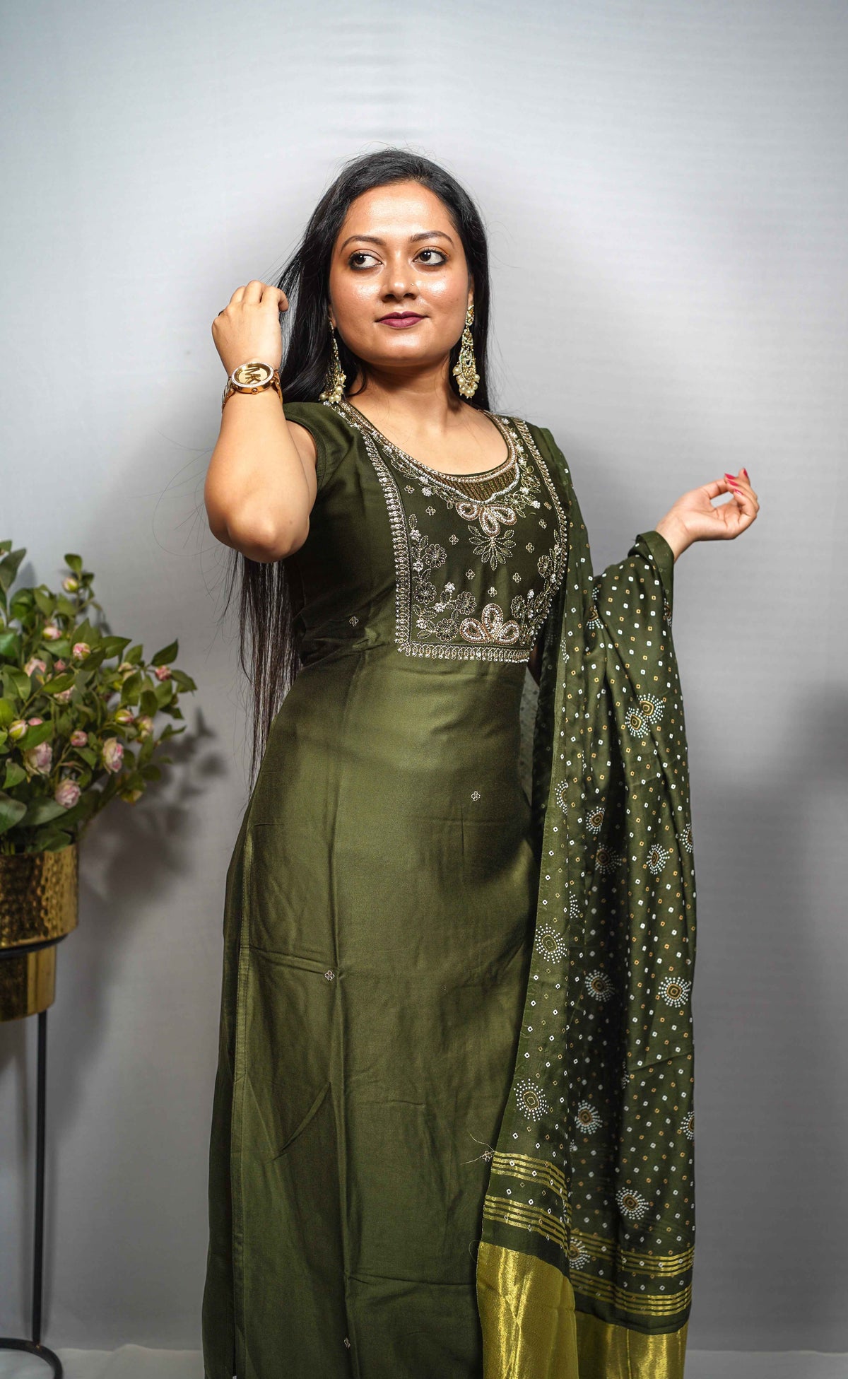 Bottle Green Kardana Work Kurti Set with Bandhani Dupatta