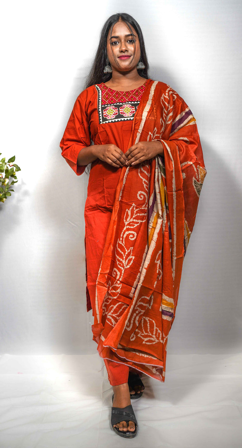 Rust Orange Kurti Set with Batik Print Dupatta