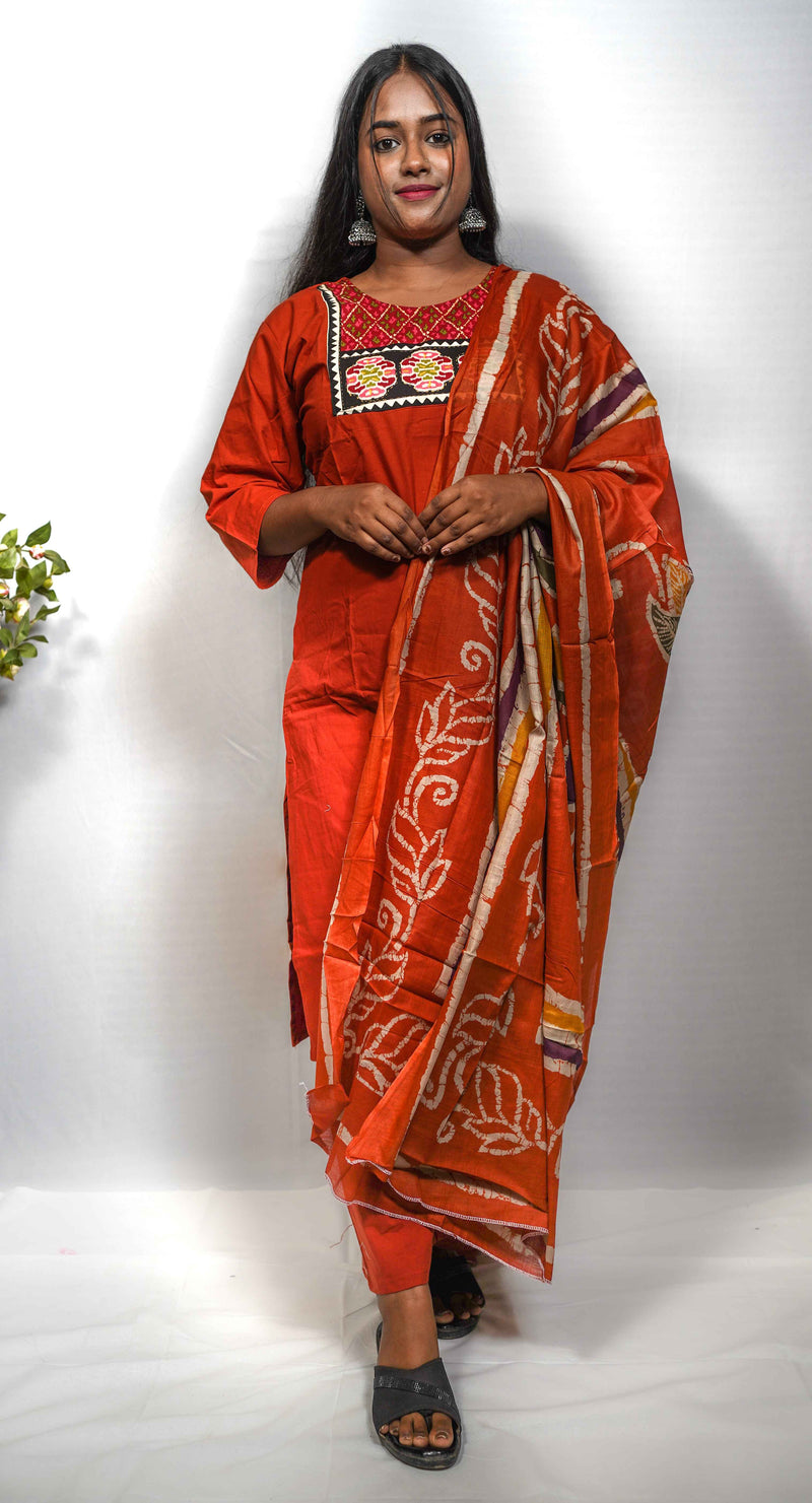 Rust Orange Kurti Set with Batik Print Dupatta