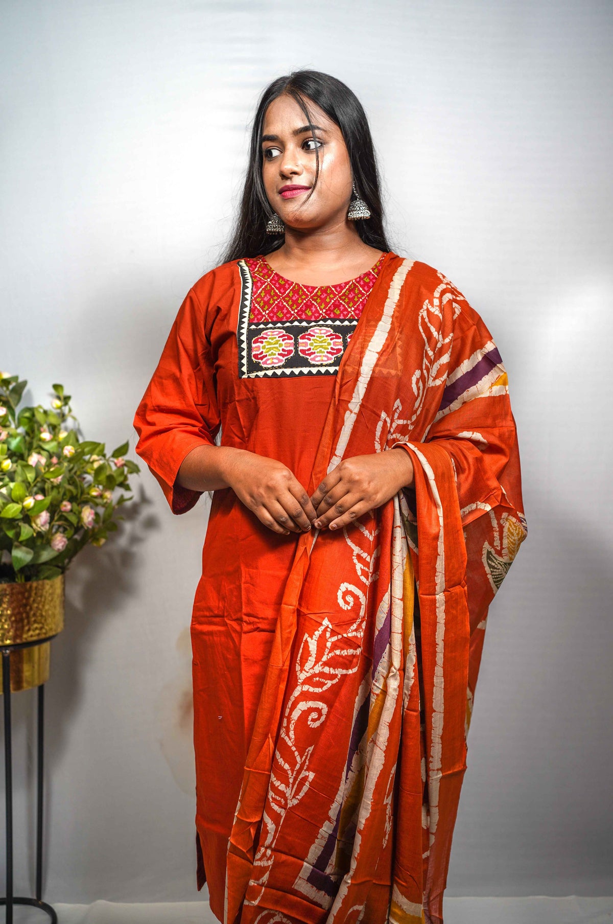 Rust Orange Kurti Set with Batik Print Dupatta