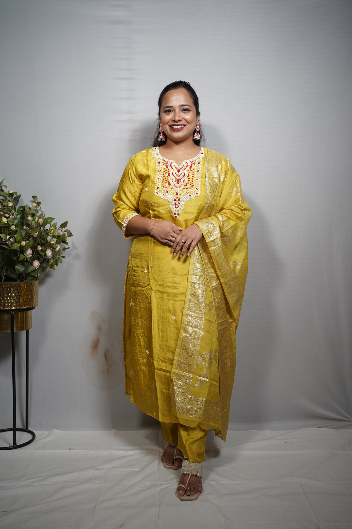 Yellow Moti Embroidered Kurti Set with Zari Dupatta