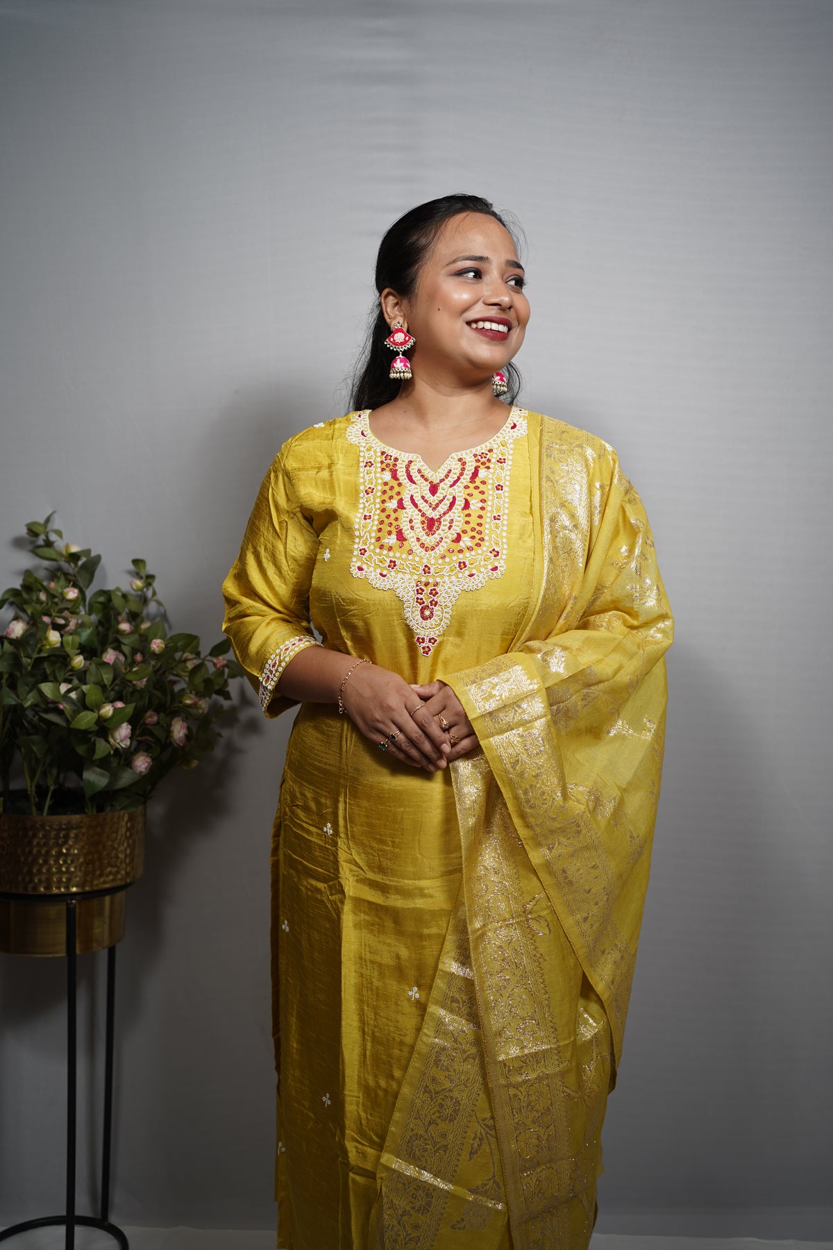 Yellow Moti Embroidered Kurti Set with Zari Dupatta