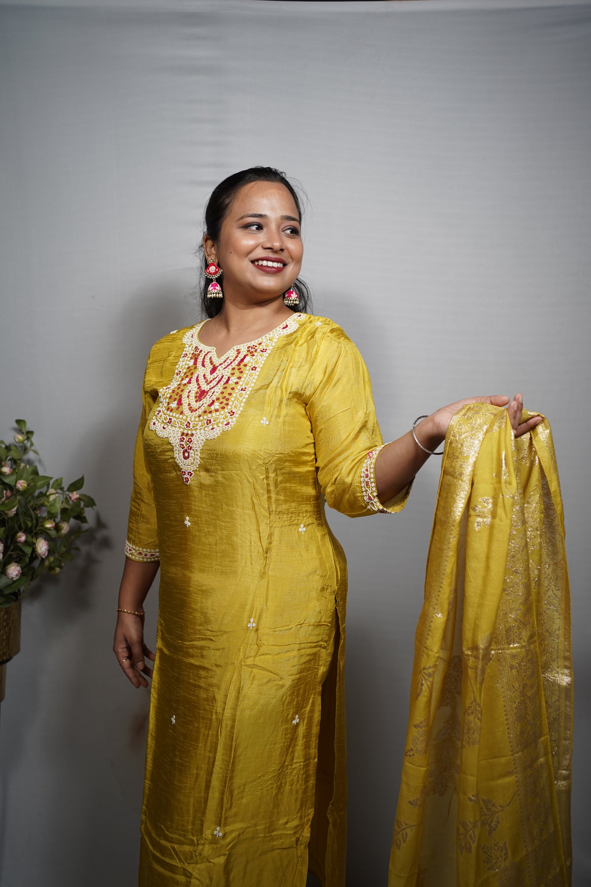 Yellow Moti Embroidered Kurti Set with Zari Dupatta