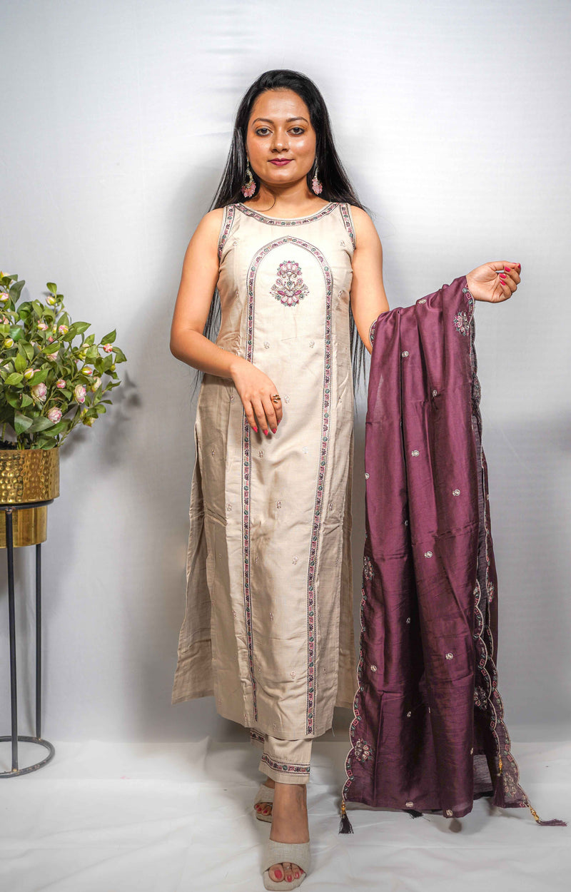 Cream Embroidered Kurti Set with Contrast Plum Dupatta