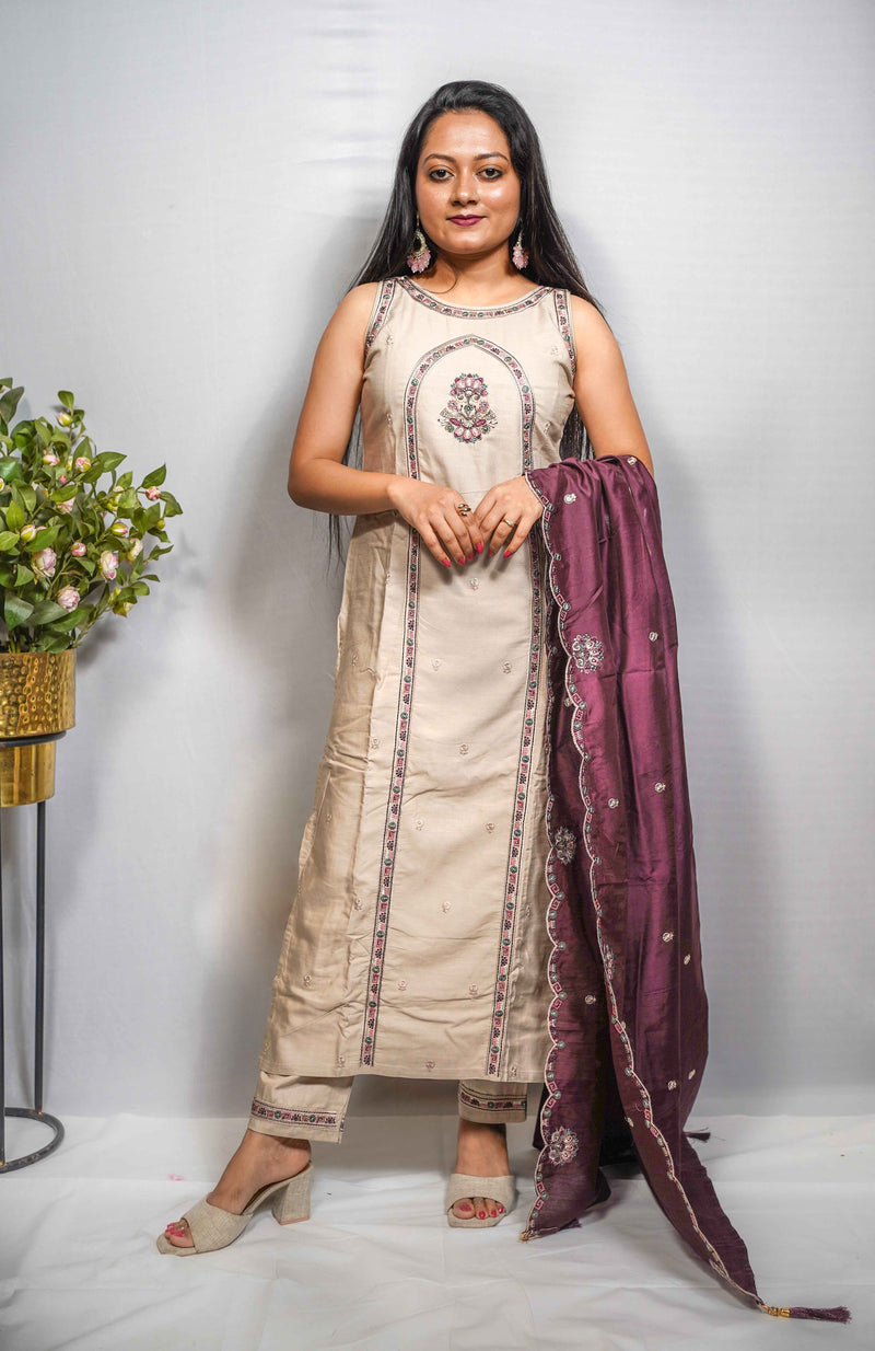Cream Embroidered Kurti Set with Contrast Plum Dupatta