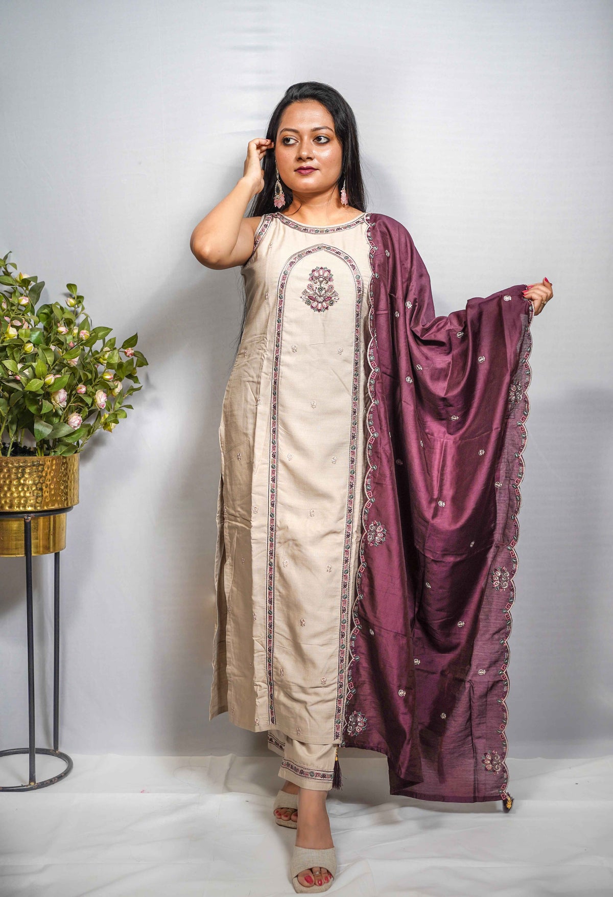 Cream Embroidered Kurti Set with Contrast Plum Dupatta