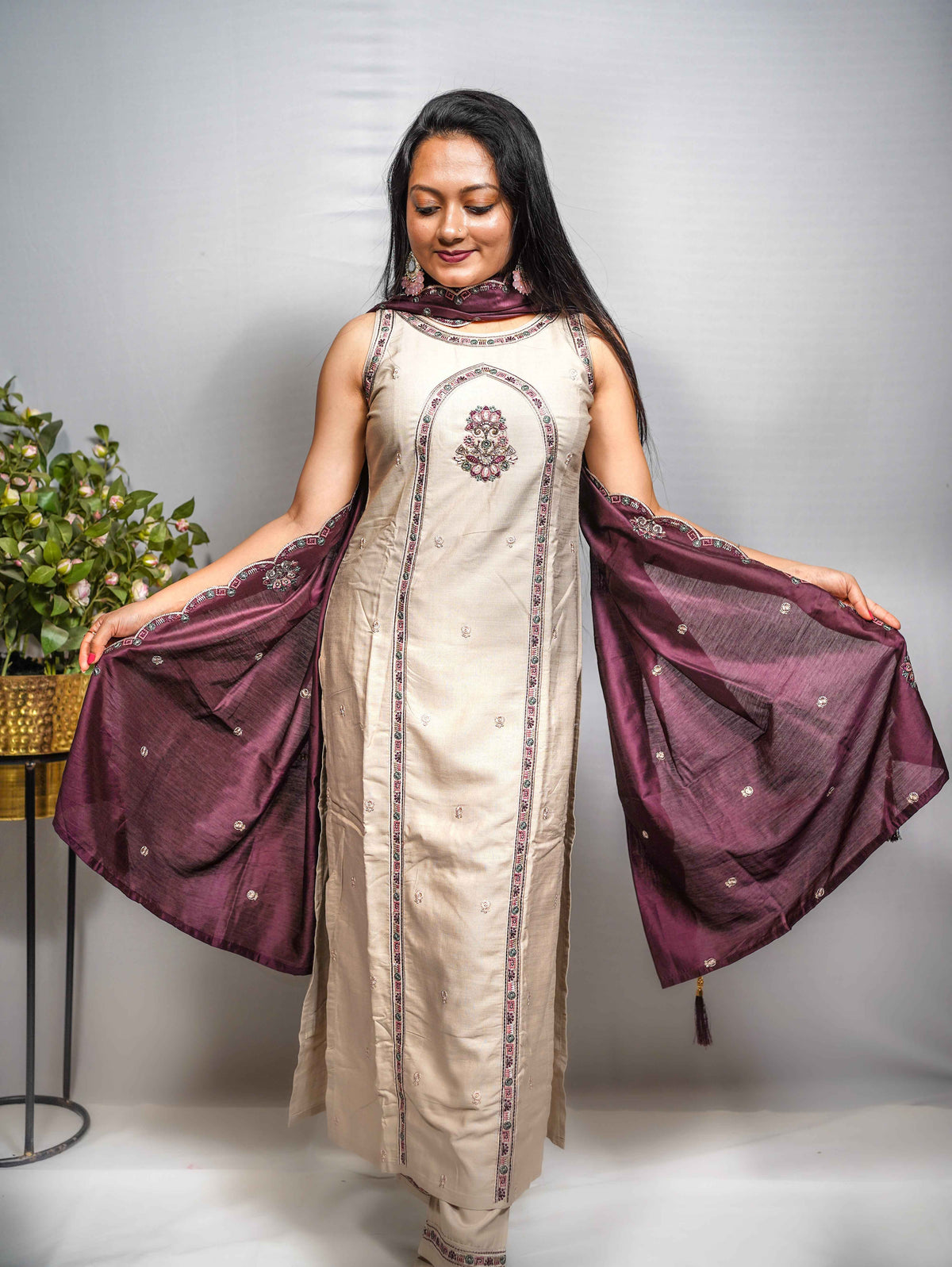 Cream Embroidered Kurti Set with Contrast Plum Dupatta
