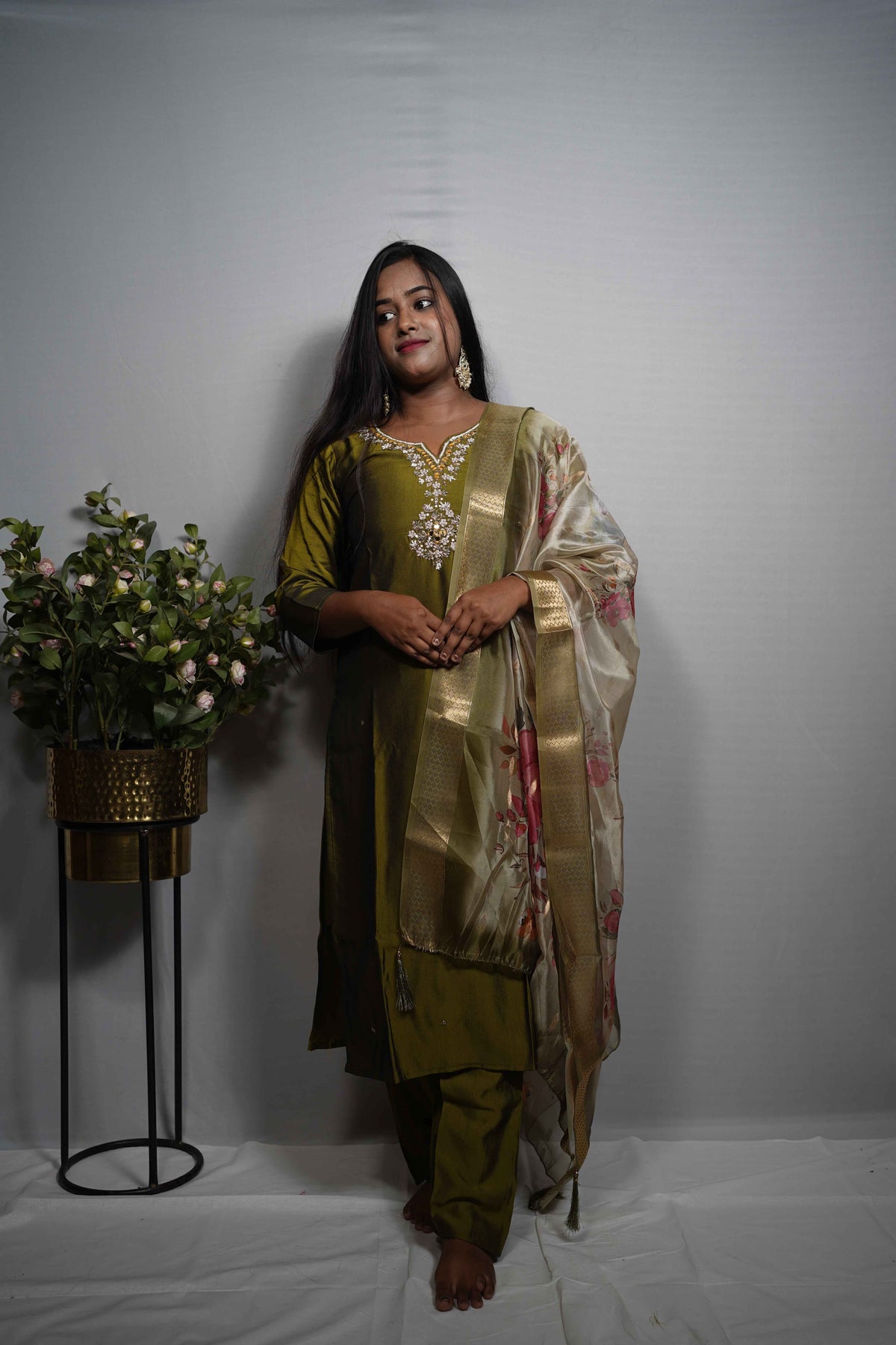 Olive Green Kurta Set with Floral Tissue Silk Dupatta