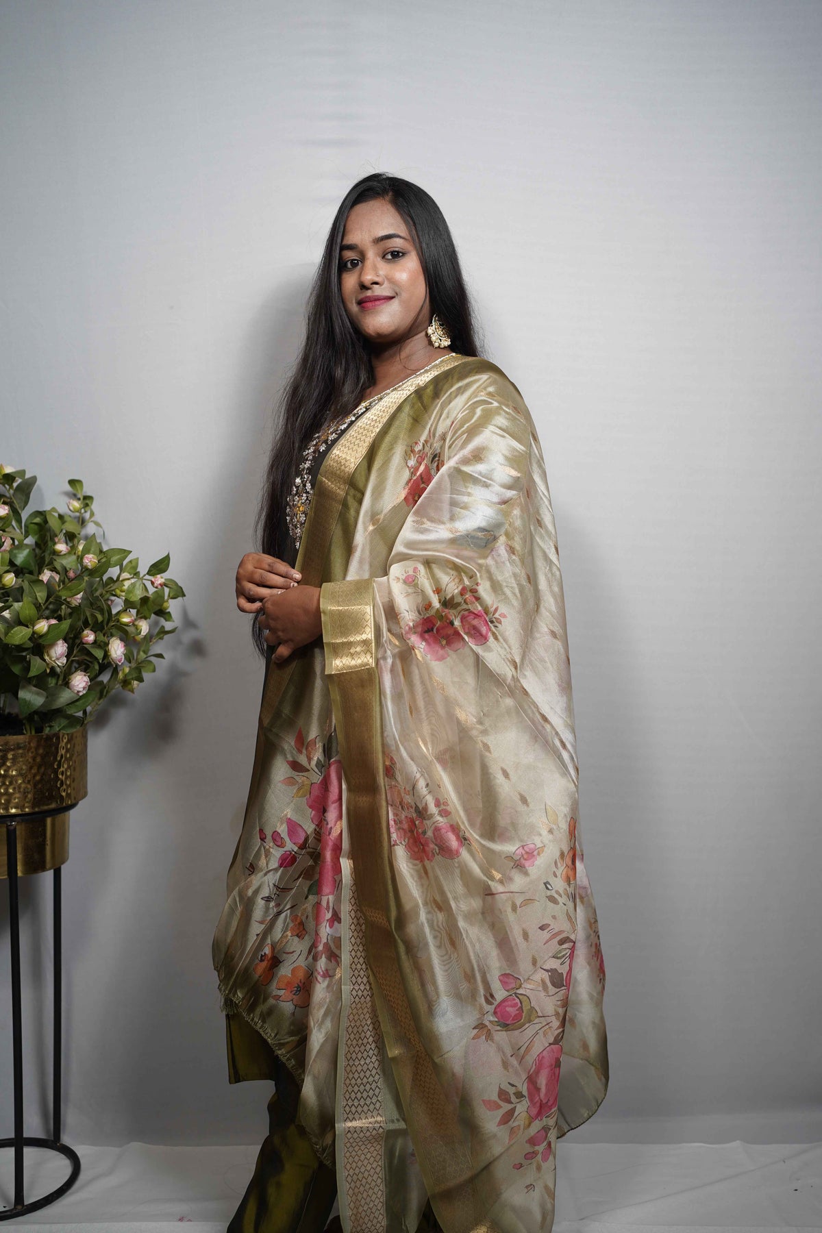 Olive Green Kurta Set with Floral Tissue Silk Dupatta