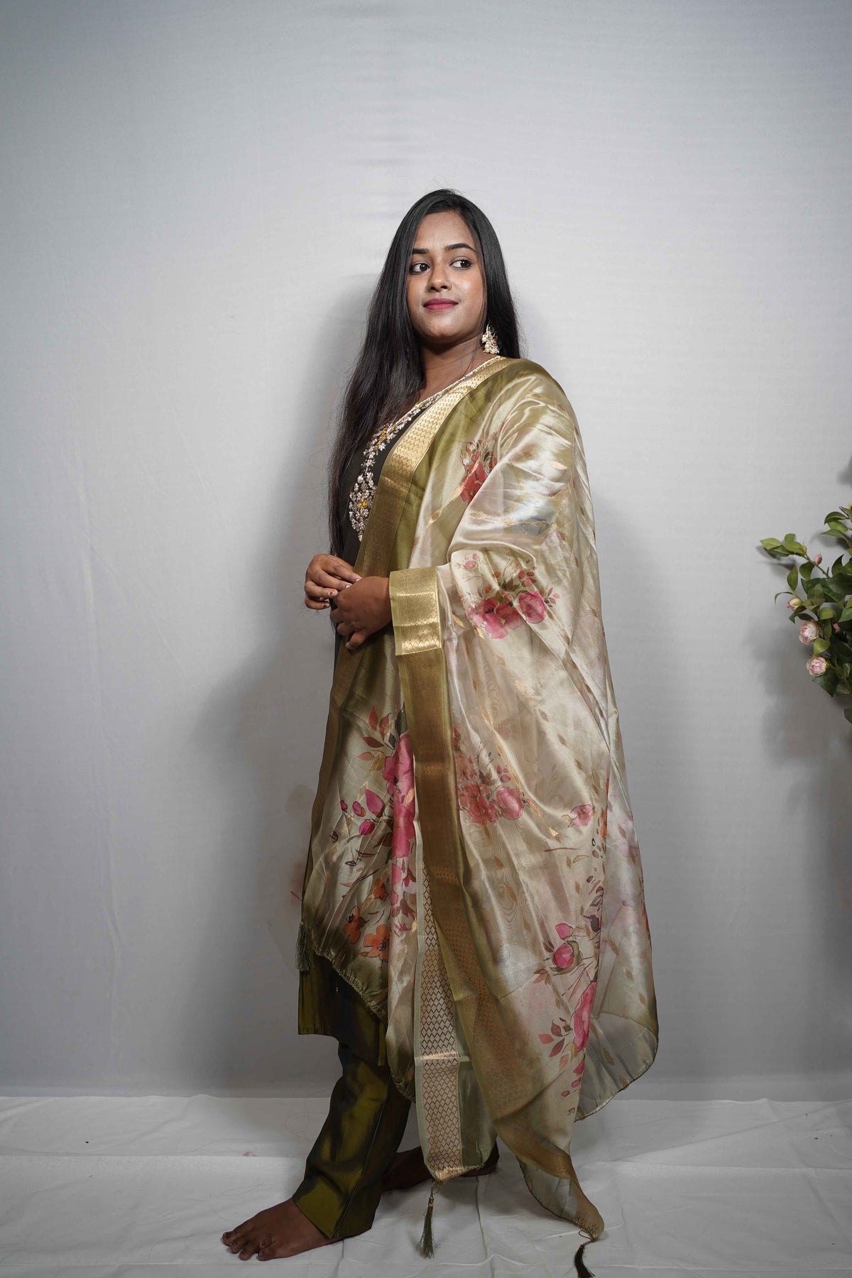 Olive Green Kurta Set with Floral Tissue Silk Dupatta