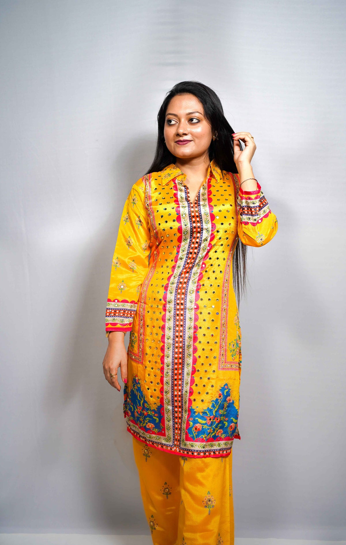 Rang — Mirror Work Yellow Festive Kurta Set with Printed Palazzo