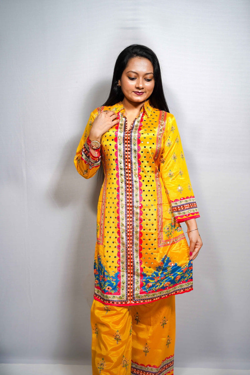 Rang — Mirror Work Yellow Festive Kurta Set with Printed Palazzo