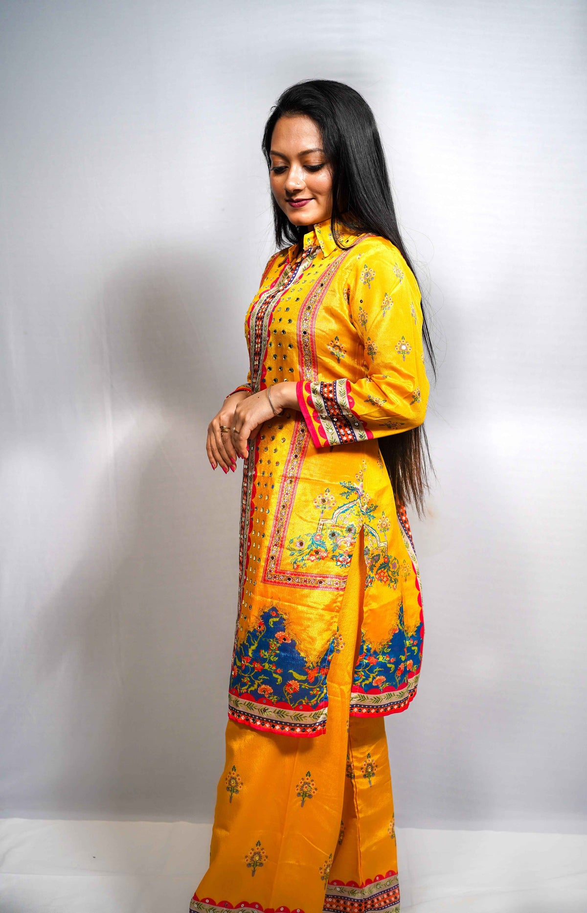 Rang — Mirror Work Yellow Festive Kurta Set with Printed Palazzo