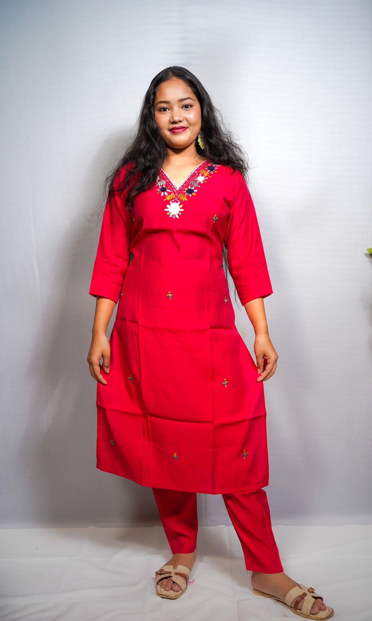 Silk Kurta Set with Floral Embroidered Yoke & Scattered Butis