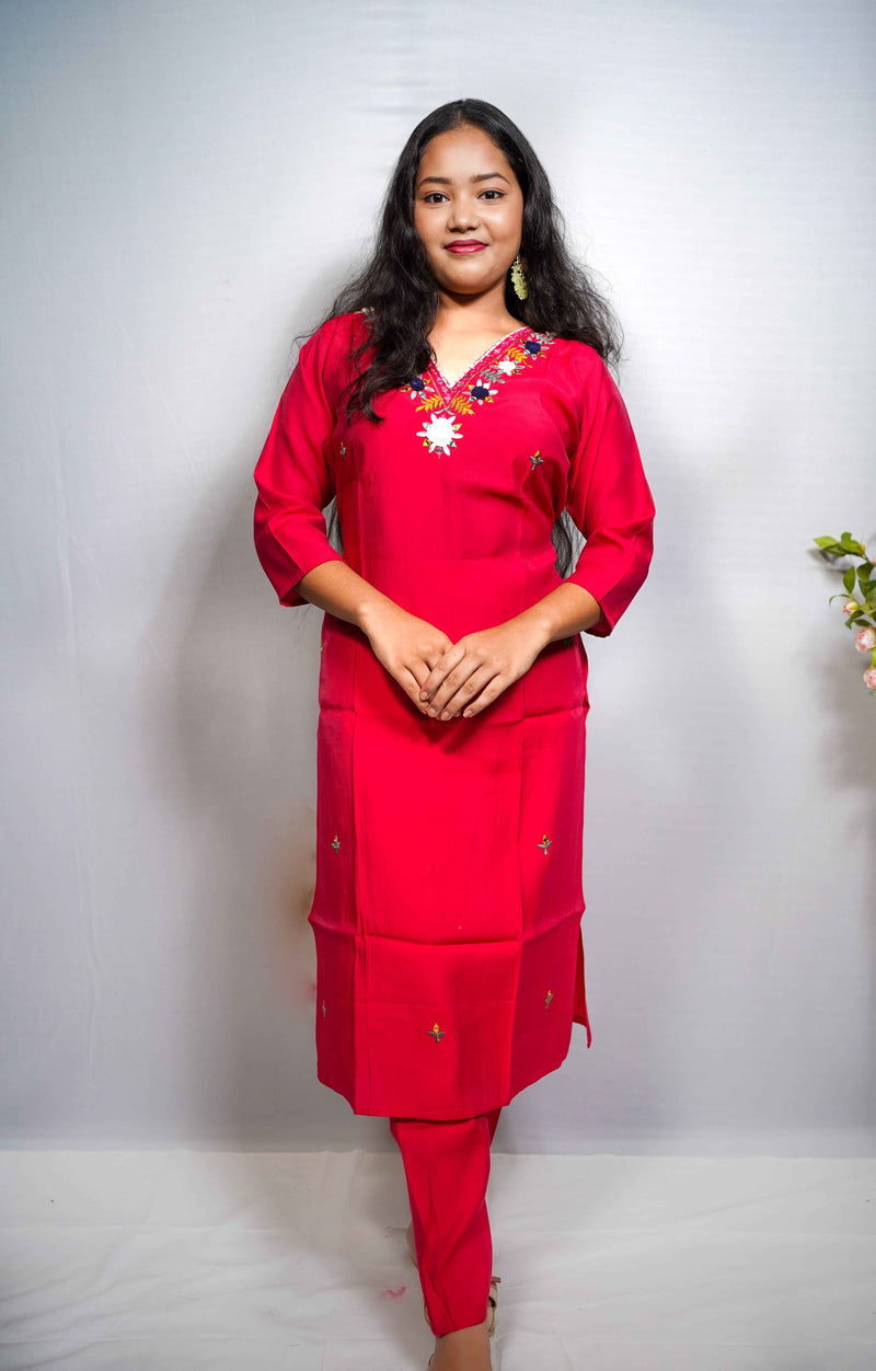 Silk Kurta Set with Floral Embroidered Yoke & Scattered Butis
