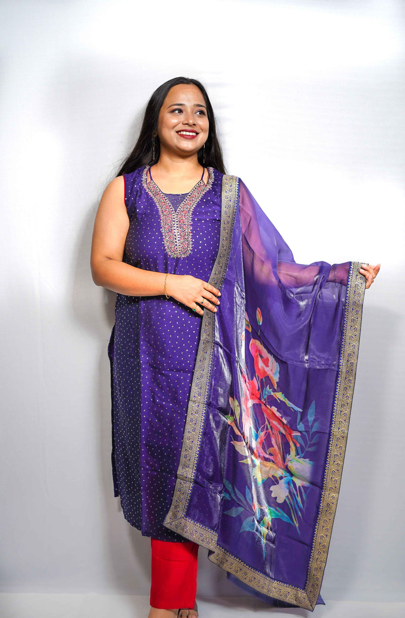 Noor — Royal Purple Silk Kurta with Embroidered Yoke & Floral Banarasi Dupatta