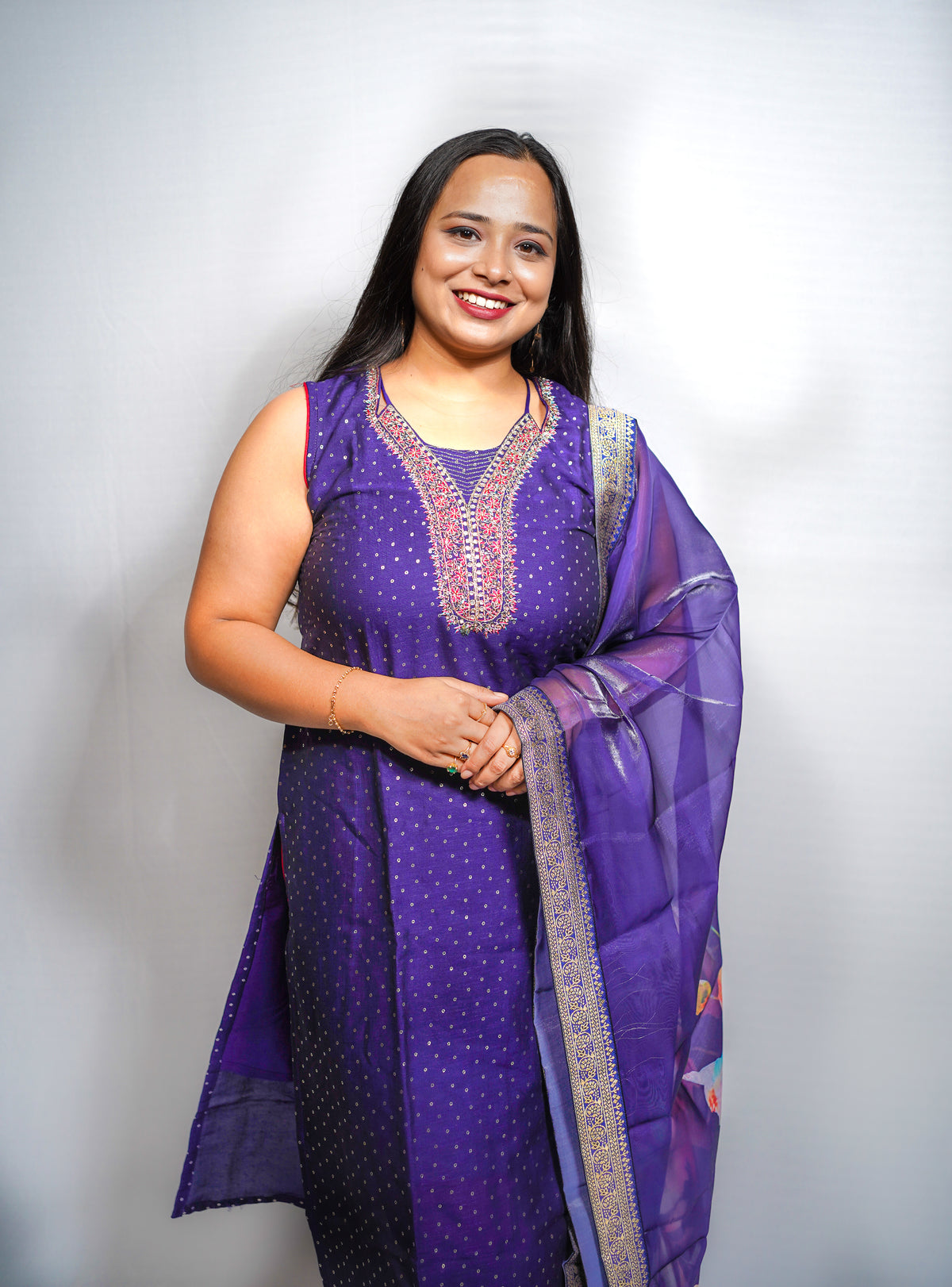 Noor — Royal Purple Silk Kurta with Embroidered Yoke & Floral Banarasi Dupatta