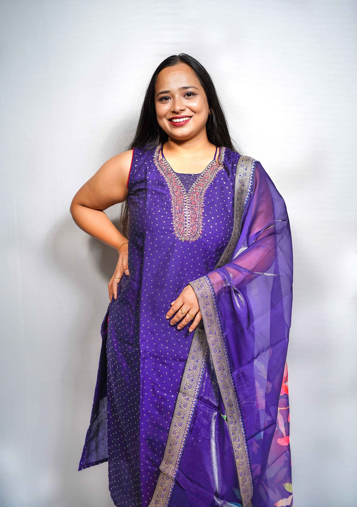 Noor — Royal Purple Silk Kurta with Embroidered Yoke & Floral Banarasi Dupatta