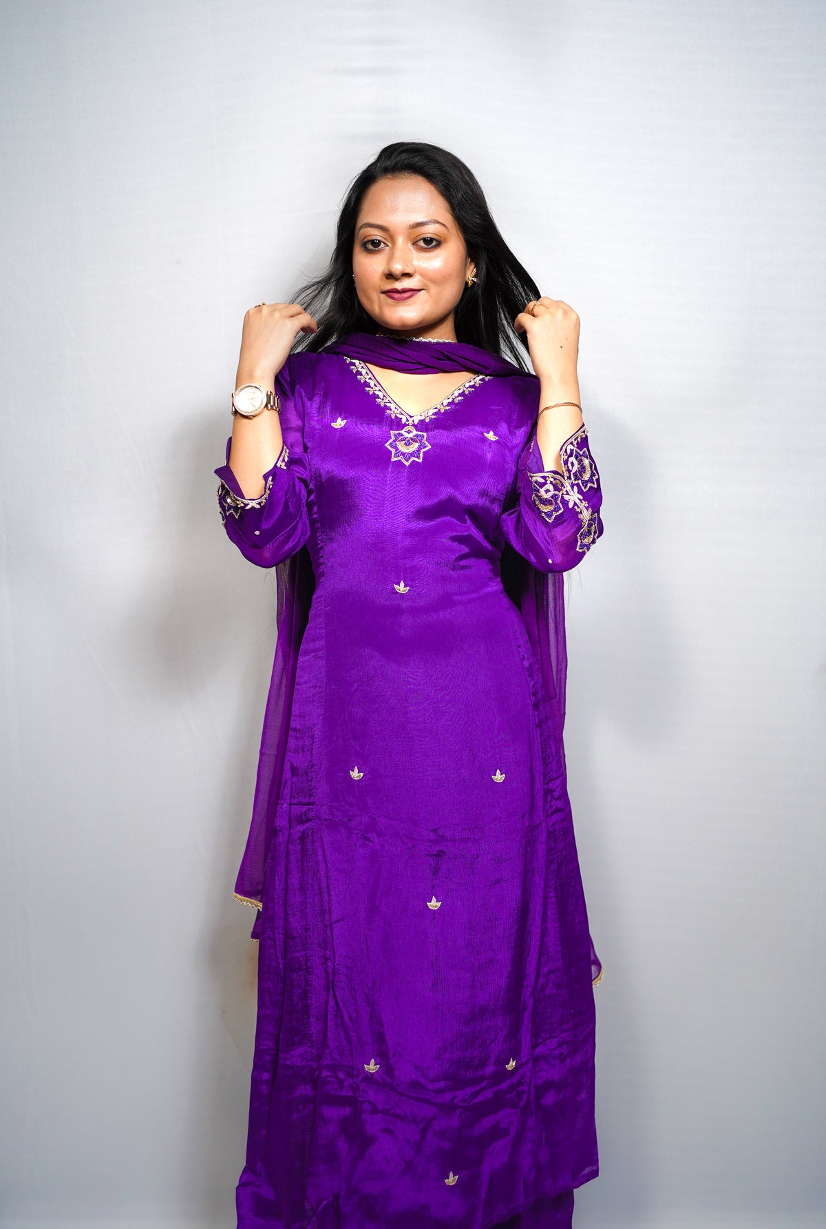 Aarya — Violet Silk Kurta Set with Embroidered Butis & Chiffon Dupatta