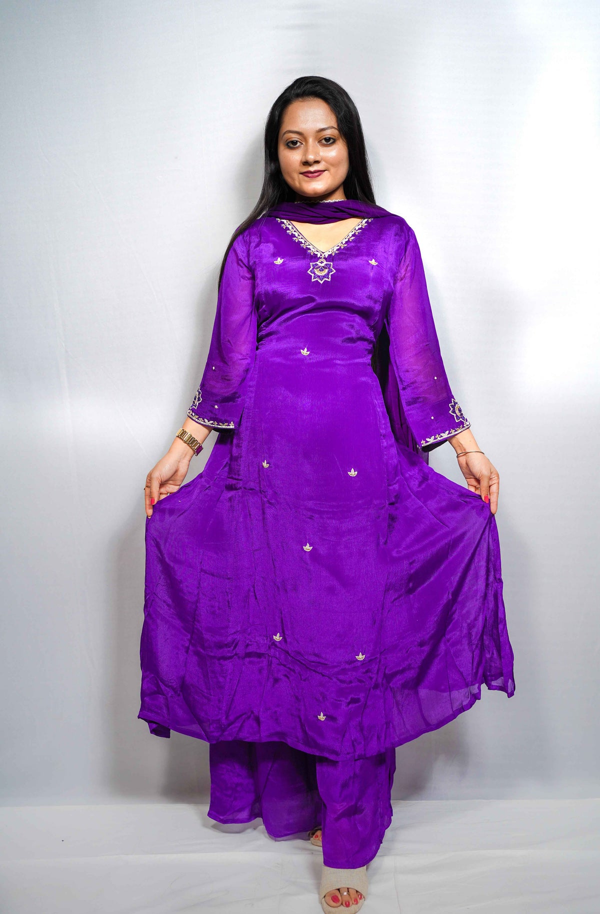 Aarya — Violet Silk Kurta Set with Embroidered Butis & Chiffon Dupatta