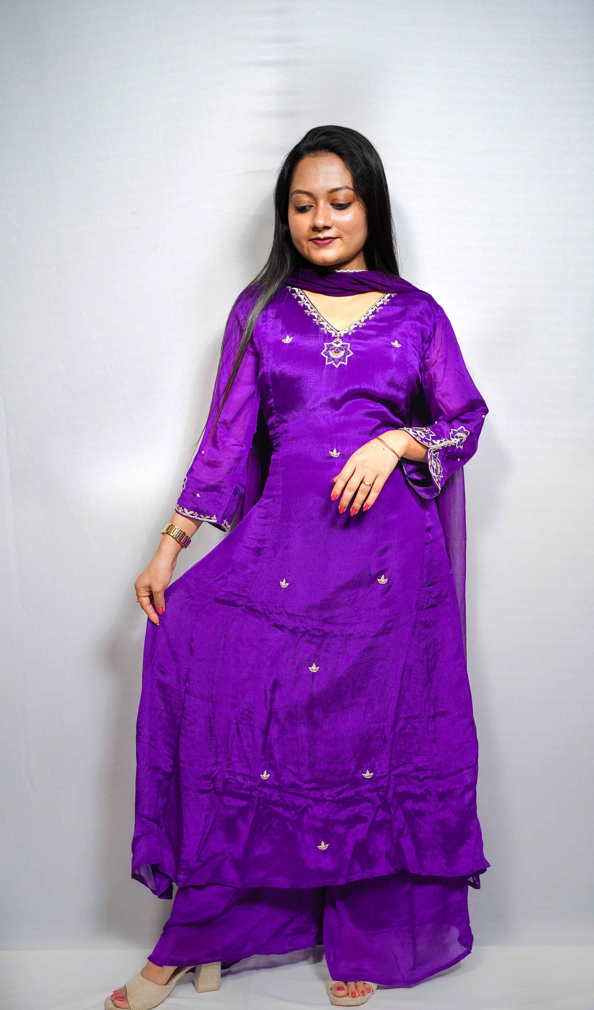 Aarya — Violet Silk Kurta Set with Embroidered Butis & Chiffon Dupatta
