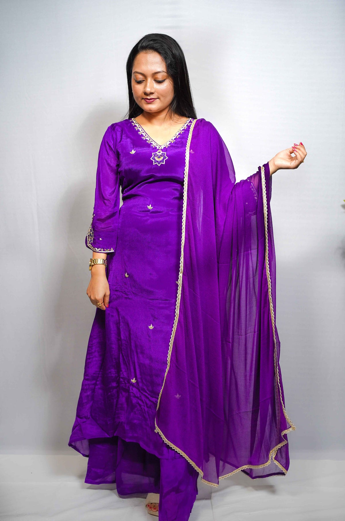 Aarya — Violet Silk Kurta Set with Embroidered Butis & Chiffon Dupatta