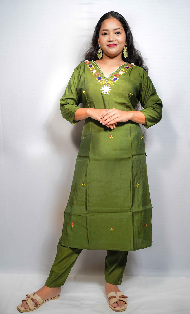 Silk Kurta Set with Floral Embroidered Yoke & Scattered Butis