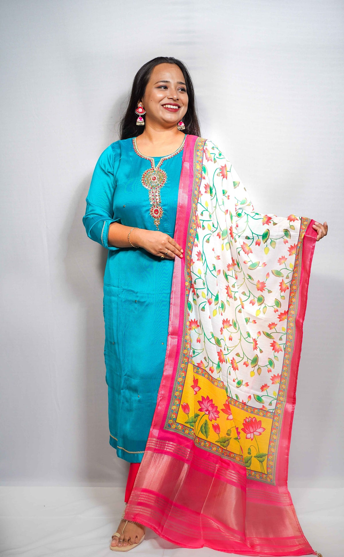 Padma — Teal Silk Kurta with Medallion Embroidery & Lotus Print Banarasi Dupatta