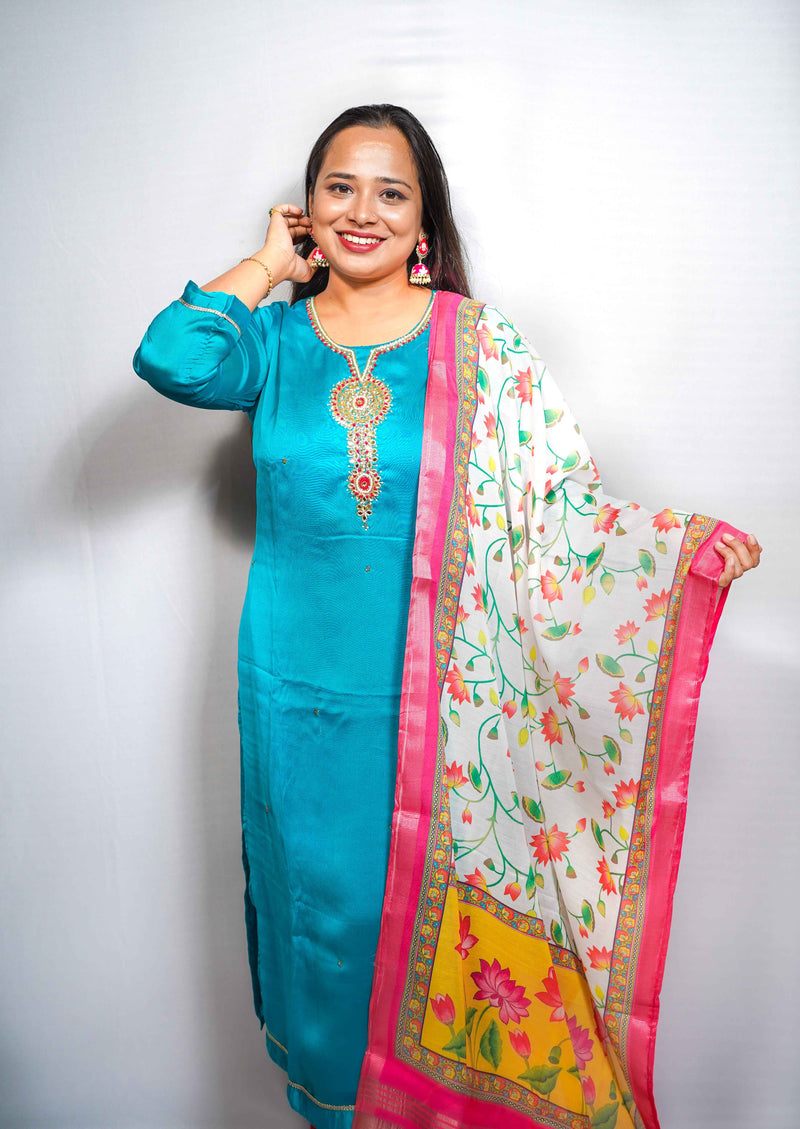 Padma — Teal Silk Kurta with Medallion Embroidery & Lotus Print Banarasi Dupatta