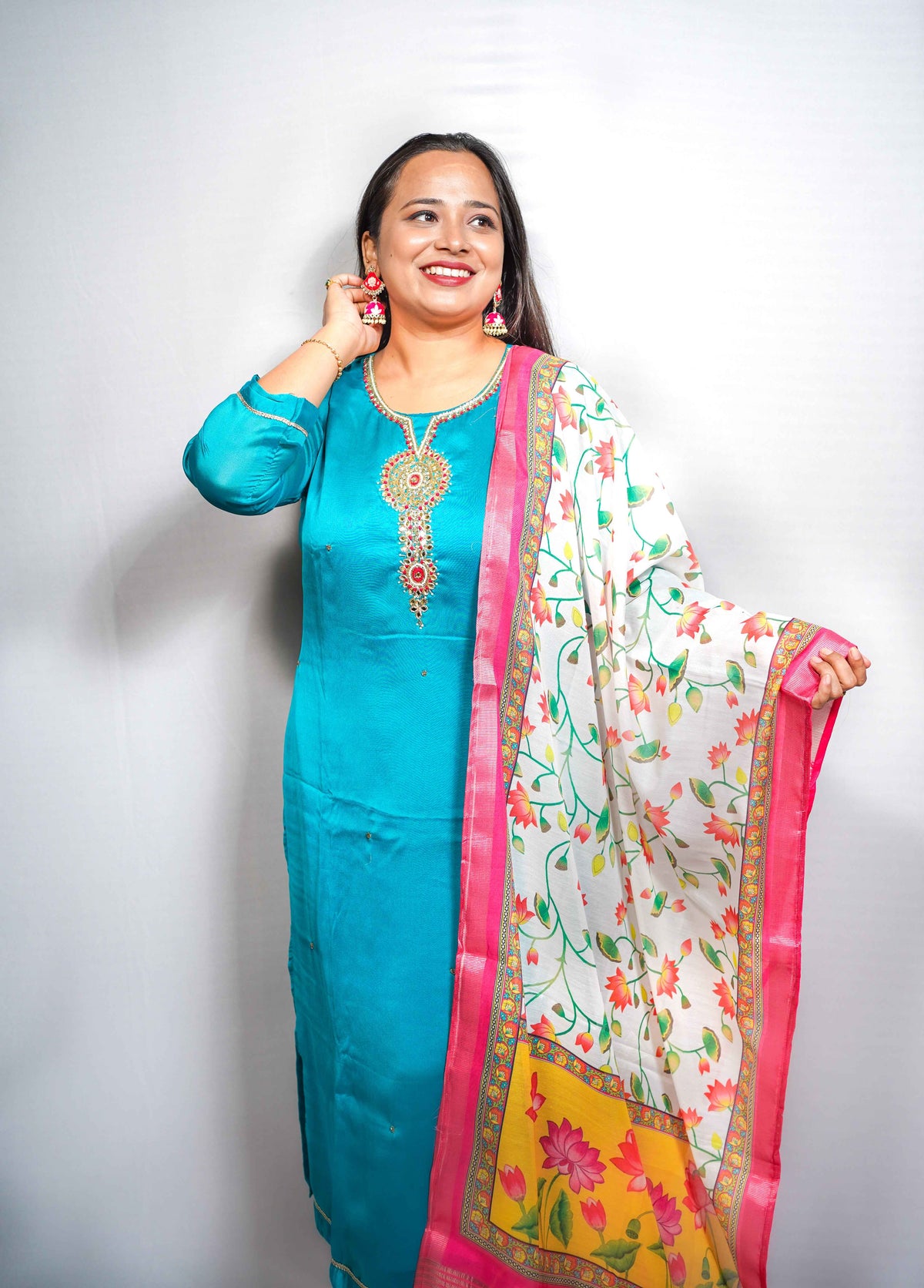 Padma — Teal Silk Kurta with Medallion Embroidery & Lotus Print Banarasi Dupatta