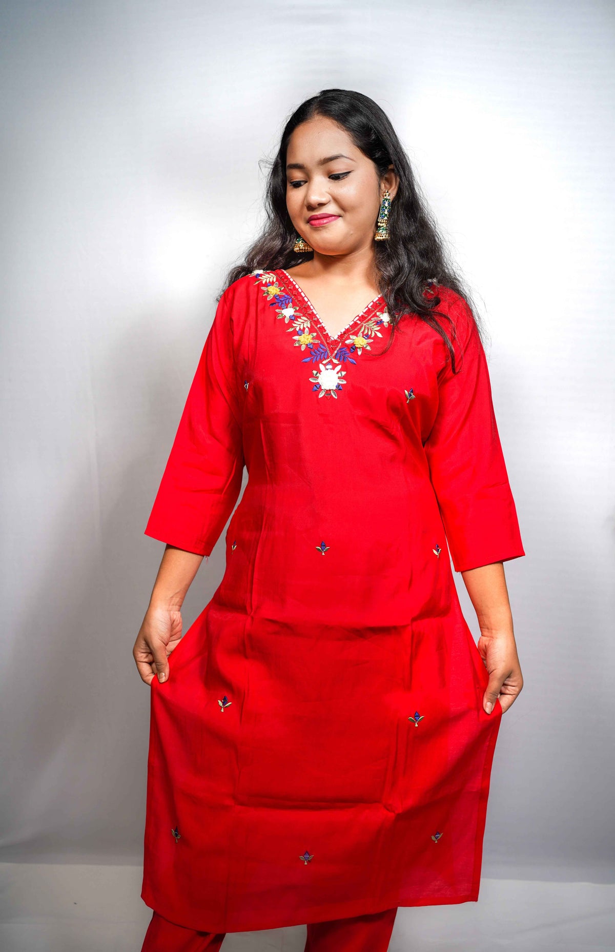 Silk Kurta Set with Floral Embroidered Yoke & Scattered Butis