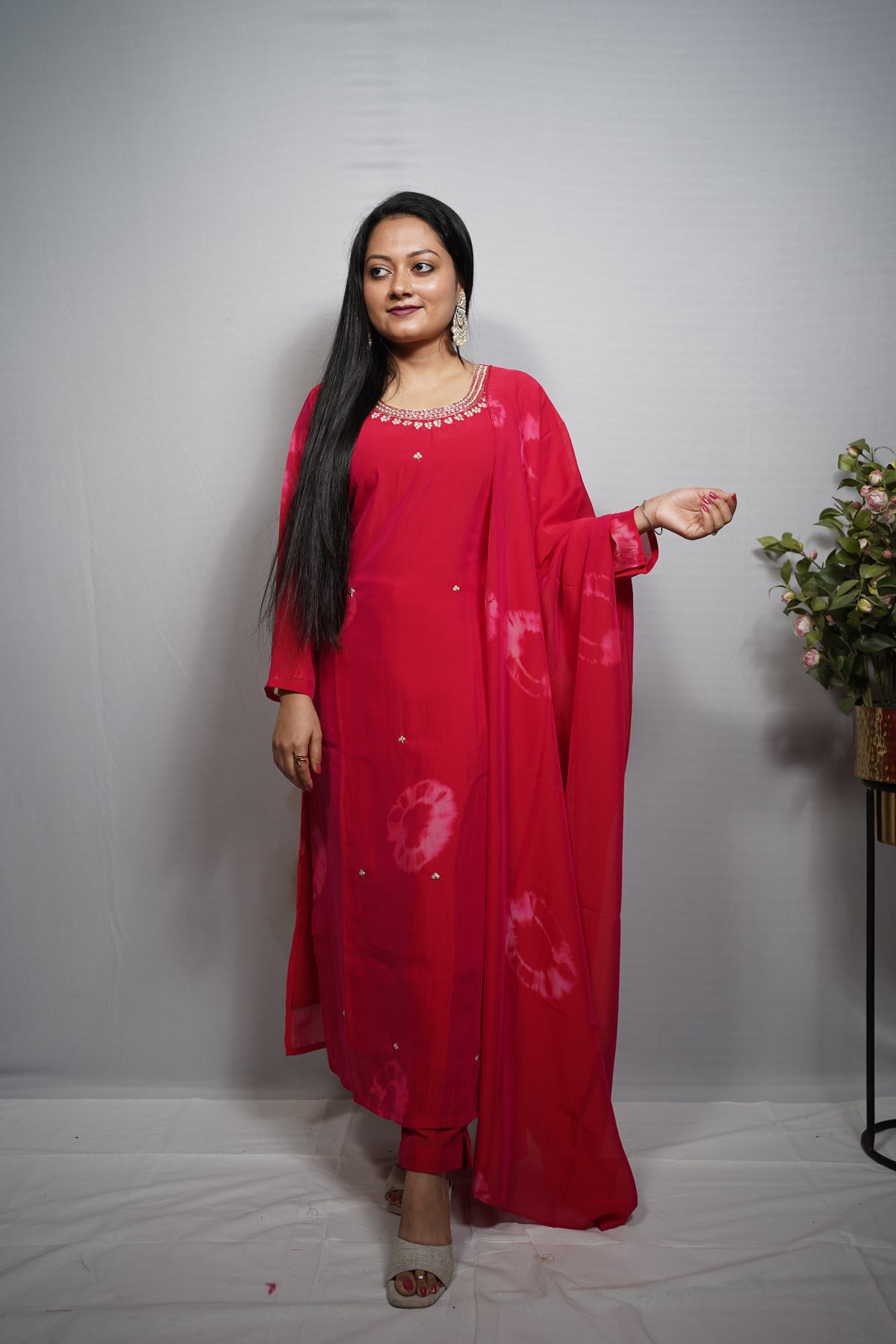Silk Kurta Set with Pearl & Zari Neckline Embroidery — Kurta, Pant & Dupatta
