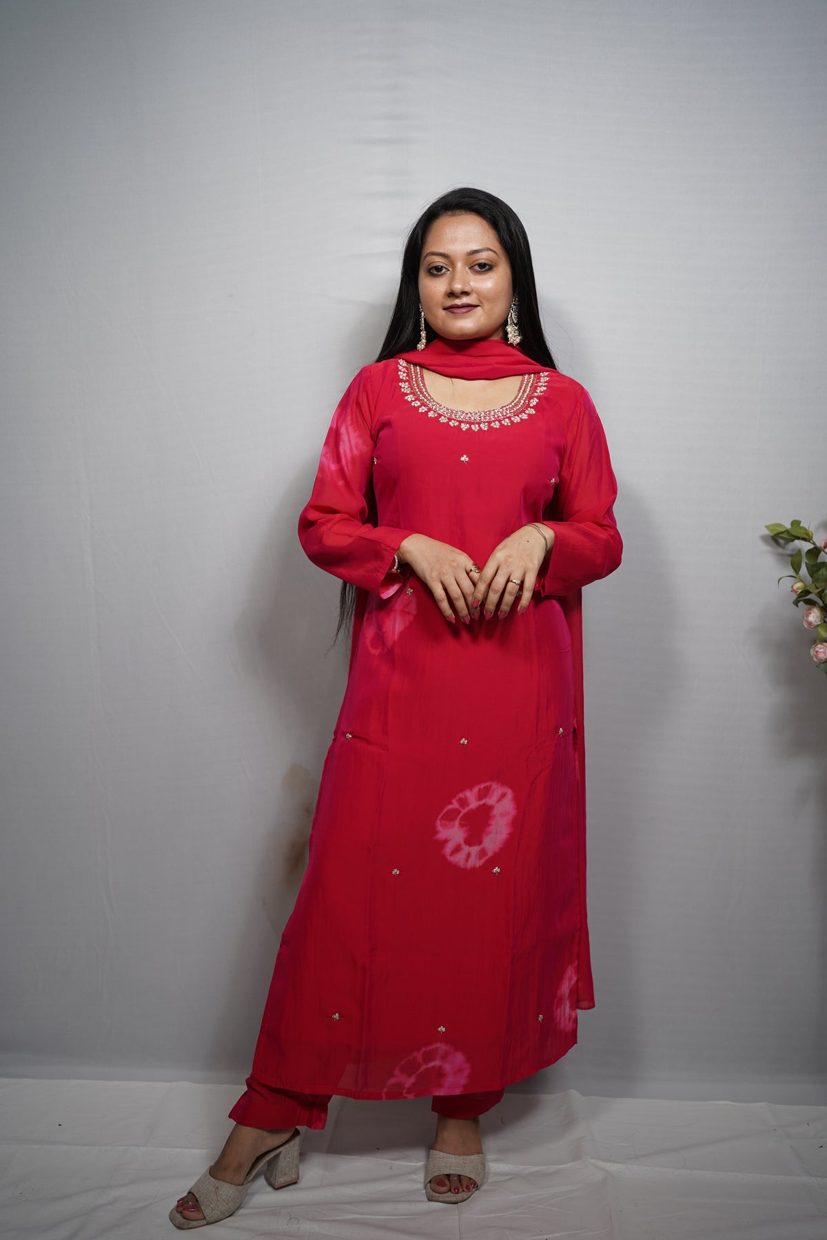 Silk Kurta Set with Pearl & Zari Neckline Embroidery — Kurta, Pant & Dupatta