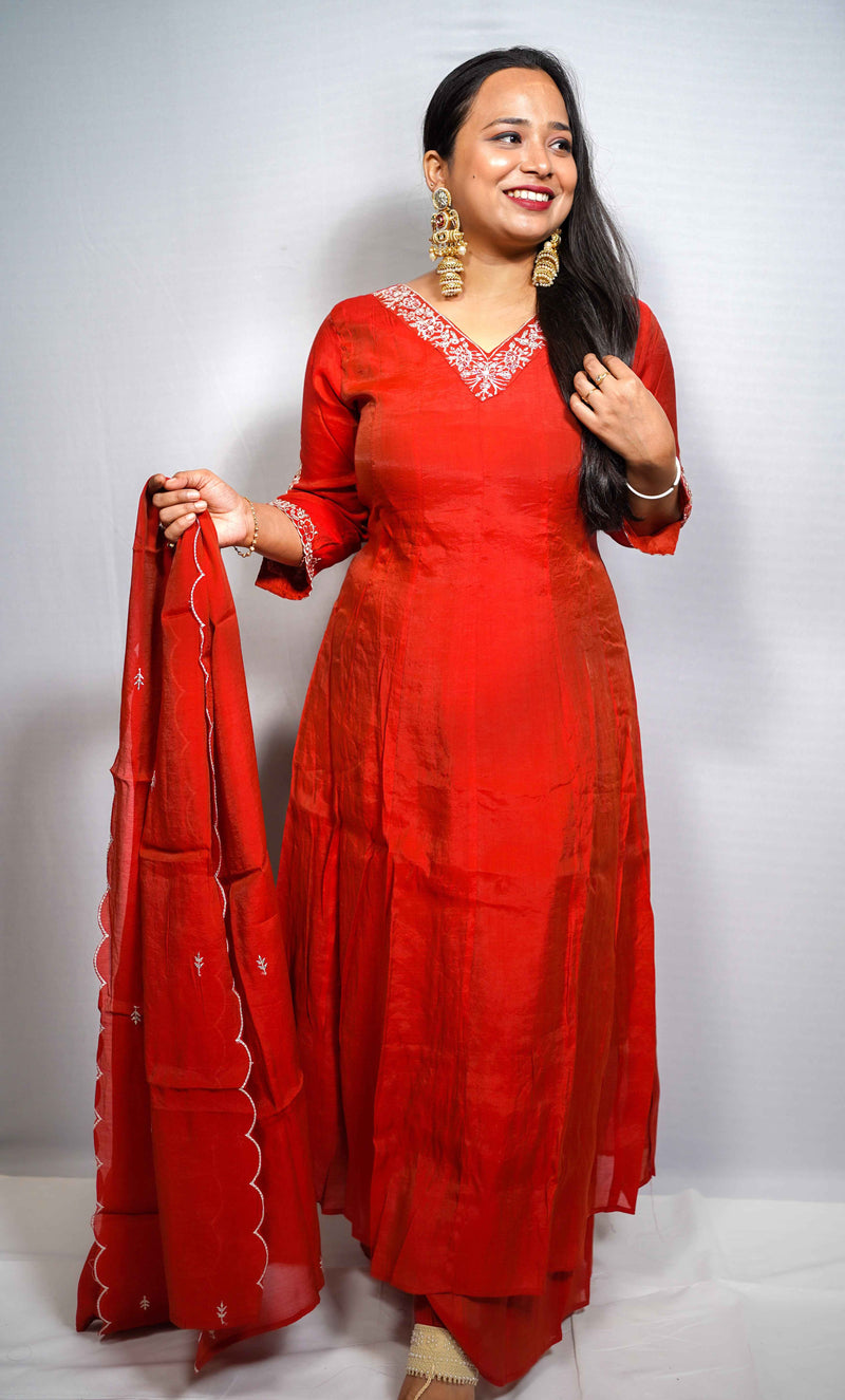 Sindoor — Rust orange Silk Anarkali Suit with White Embroidered Yoke & Scalloped Dupatta