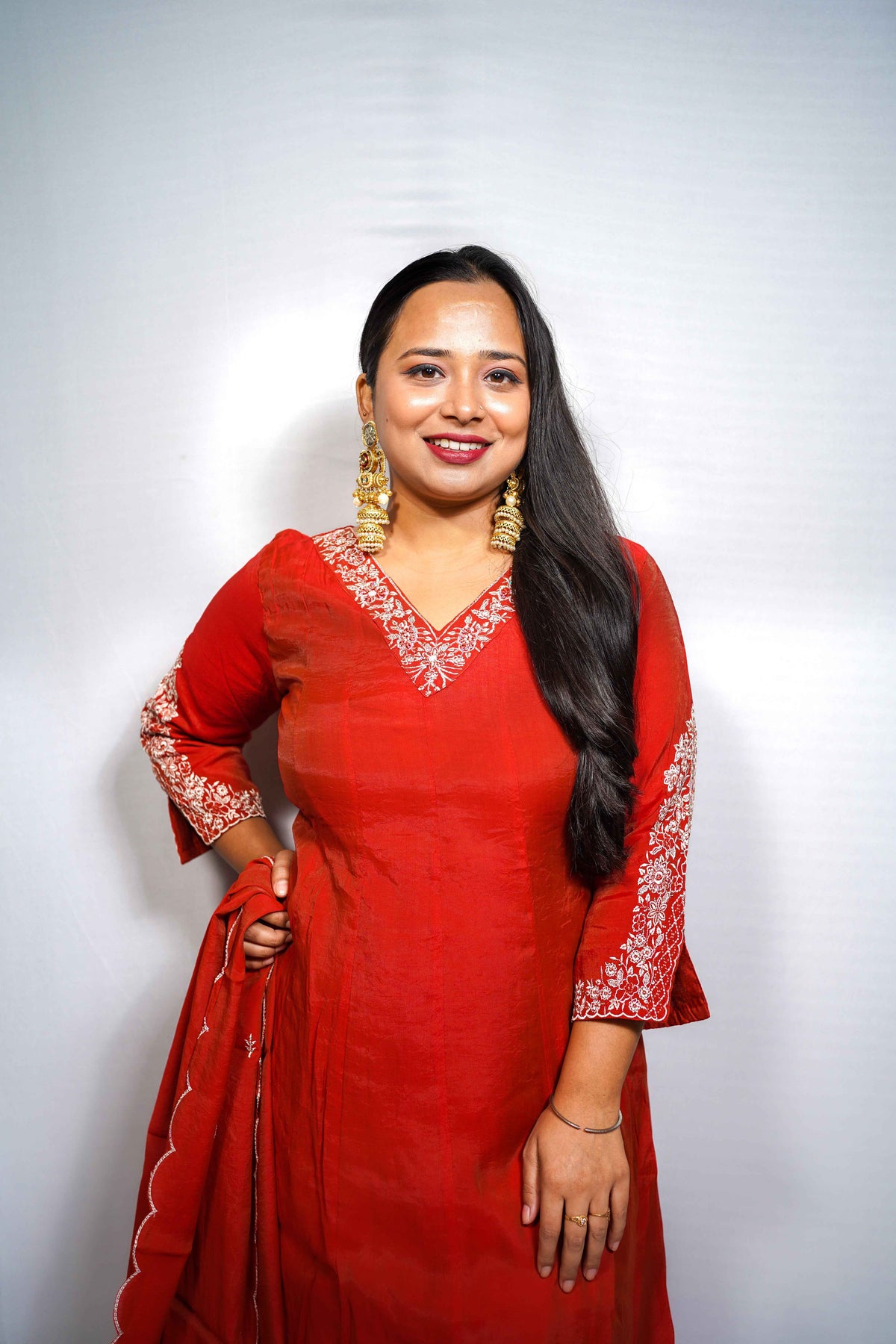 Sindoor — Rust orange Silk Anarkali Suit with White Embroidered Yoke & Scalloped Dupatta